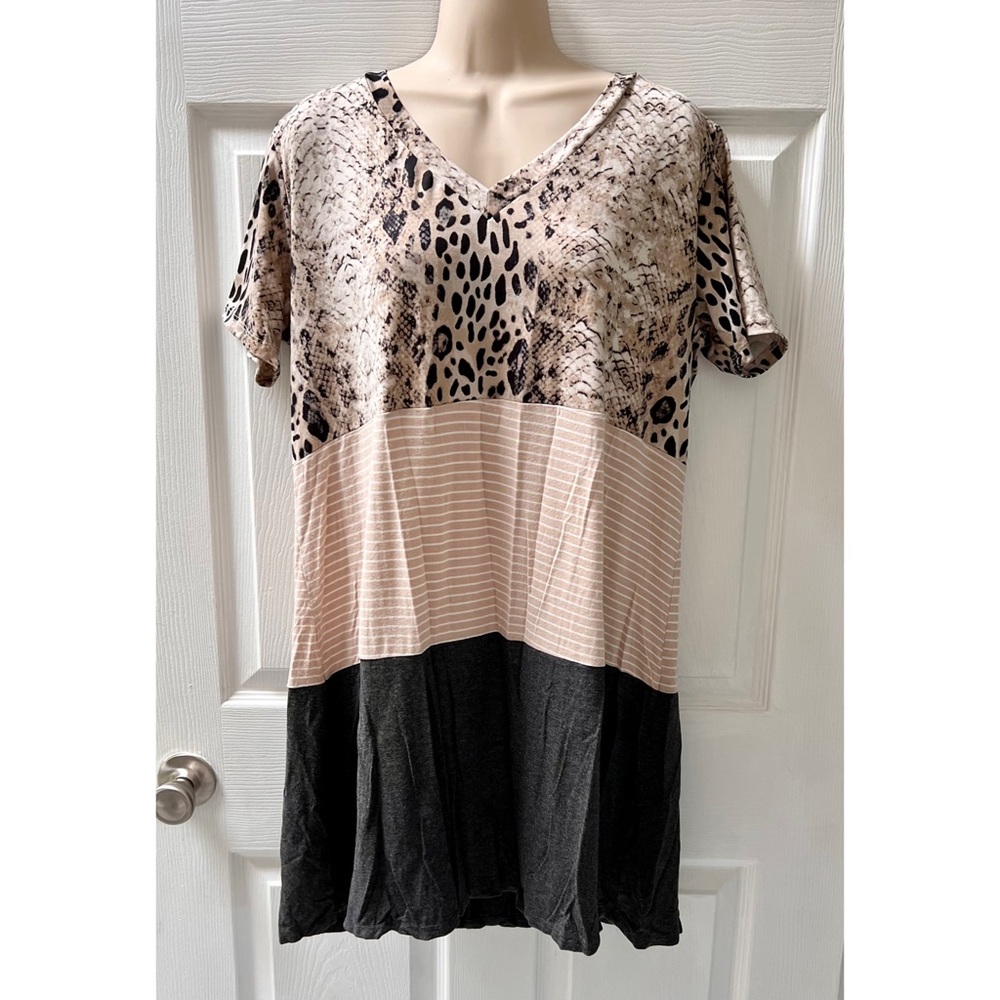 Entro Short Sleeve Stretchy Dress, Leopard/Snake Print, Striped, Black/Tan